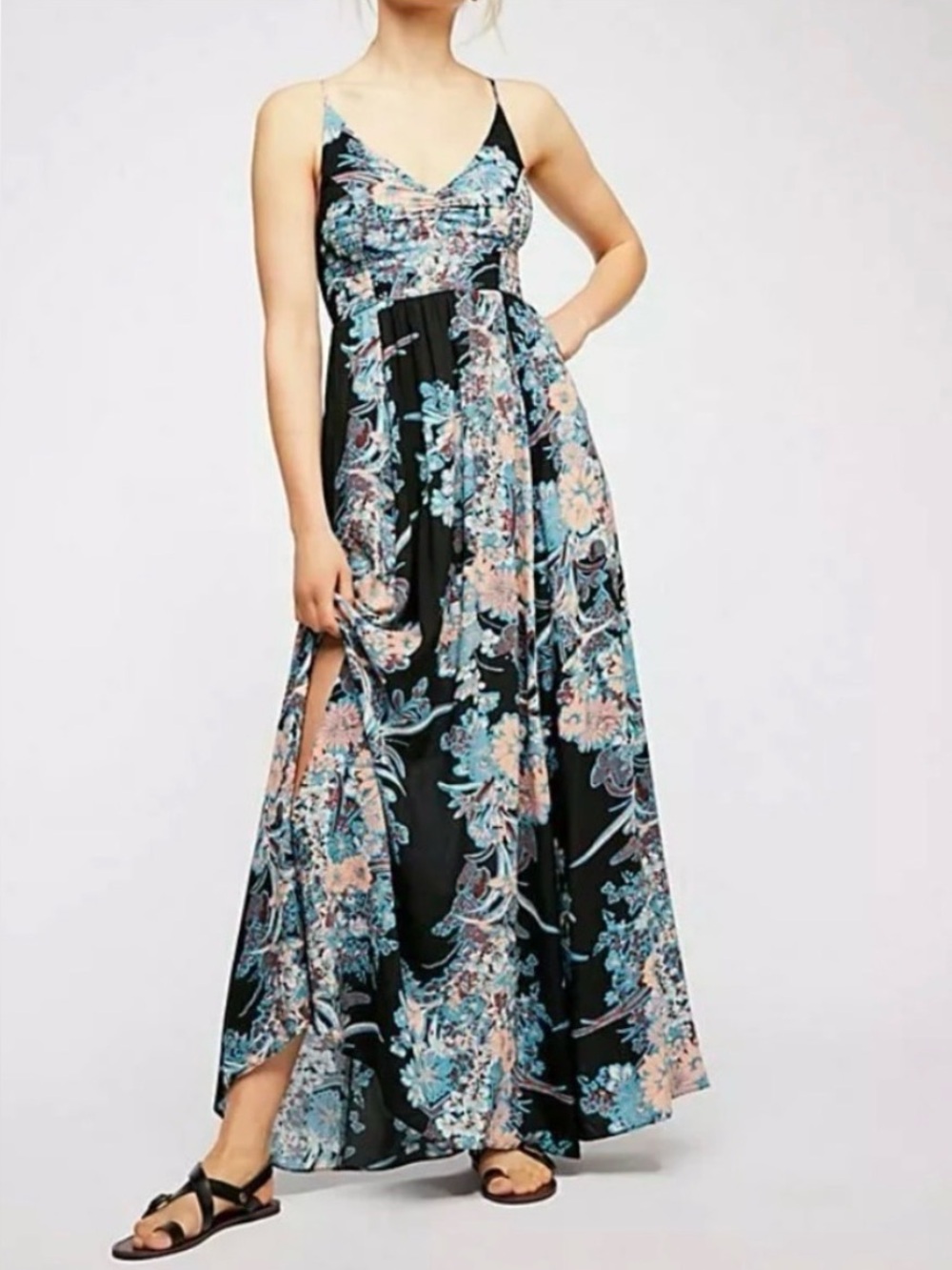 Free People Boho Paisley Floral Smocked Racerback Through The Vine Maxi Dress M